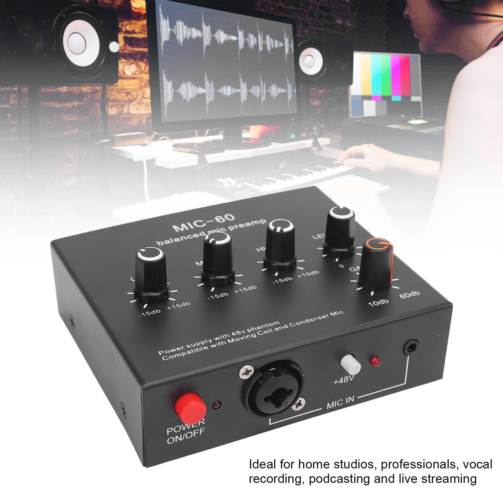 Préampli Micro, 60 DB Gain élevé, 48V Power, 3,5mm/6,35mm/XLR Sortie, Préamplificateur de Microphone, Préampli Microphone pour Micro à Condenseur et Dynamique (Prise UE)