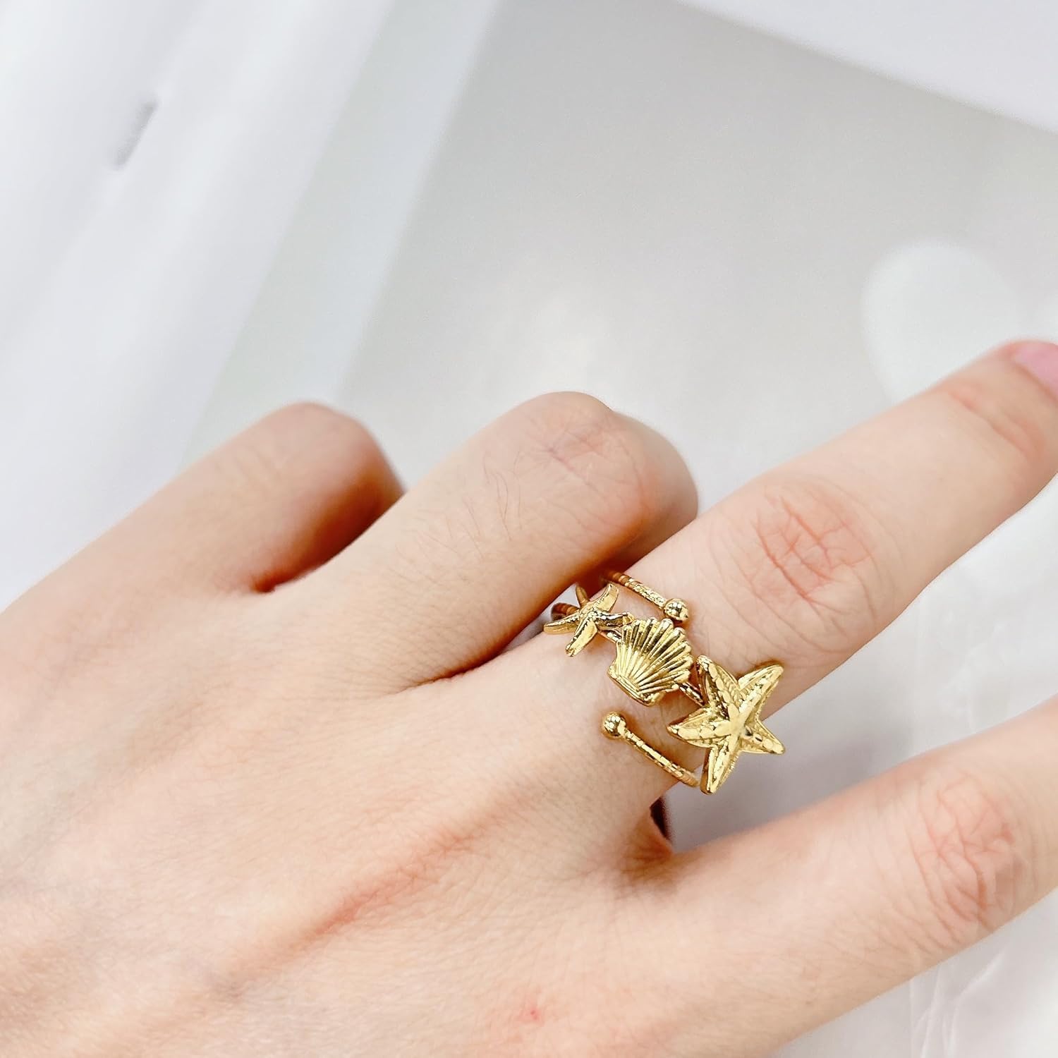 Bohemian Starfish Shell Finger Statement Ring for Women Gold Plated Dainty Seashell Star Wrap Open Adjustable Layered Thin Band Stacking Comfort Fit Stainless Steel Summer Beach Ocean Holiday Jewelry - Image 3