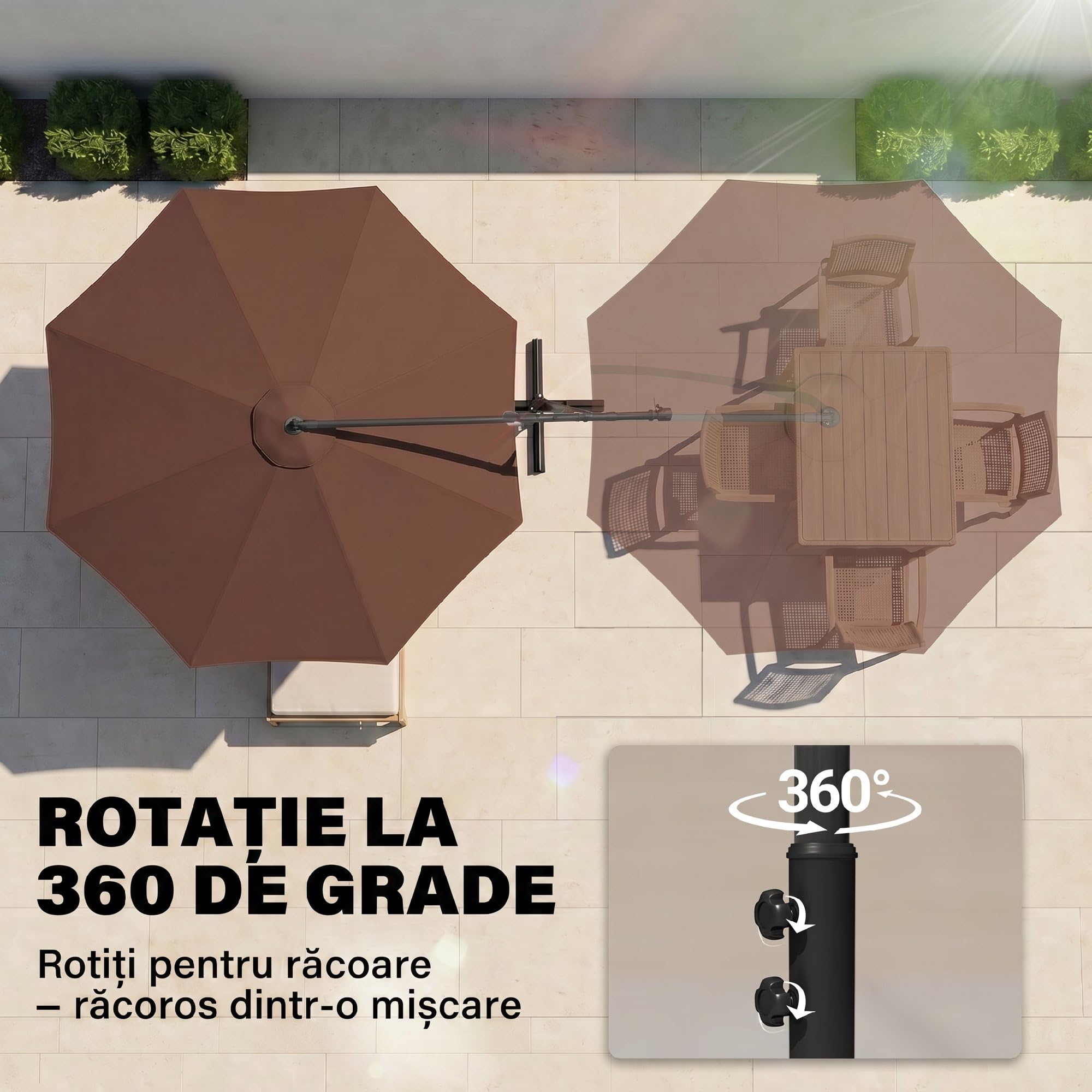 Outsunny Ombrellone da Giardino 3x3m con Tettuccio Regolabile, Base a Croce, Prese d'Aria, Manovella, Ombrellone Decentrato Inclinabile in Acciaio e Poliestere, per Cortile Terrazza, Marrone