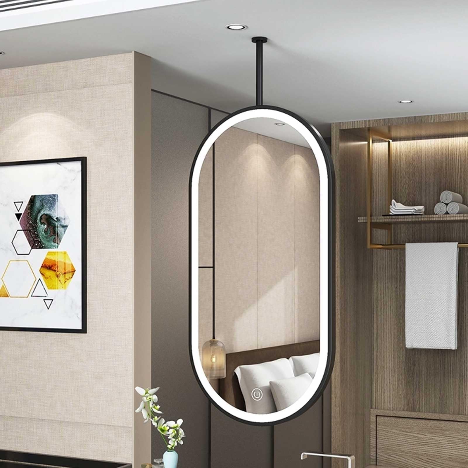 THEGA LED Bathroom Mirror With Lights, Ceiling Hanging Mounted Mirrors With Black Metal Frame And Boom, Vanity Makeup Shaving Mirrors, 3 Colors And Dimmable Light(50x100cm)