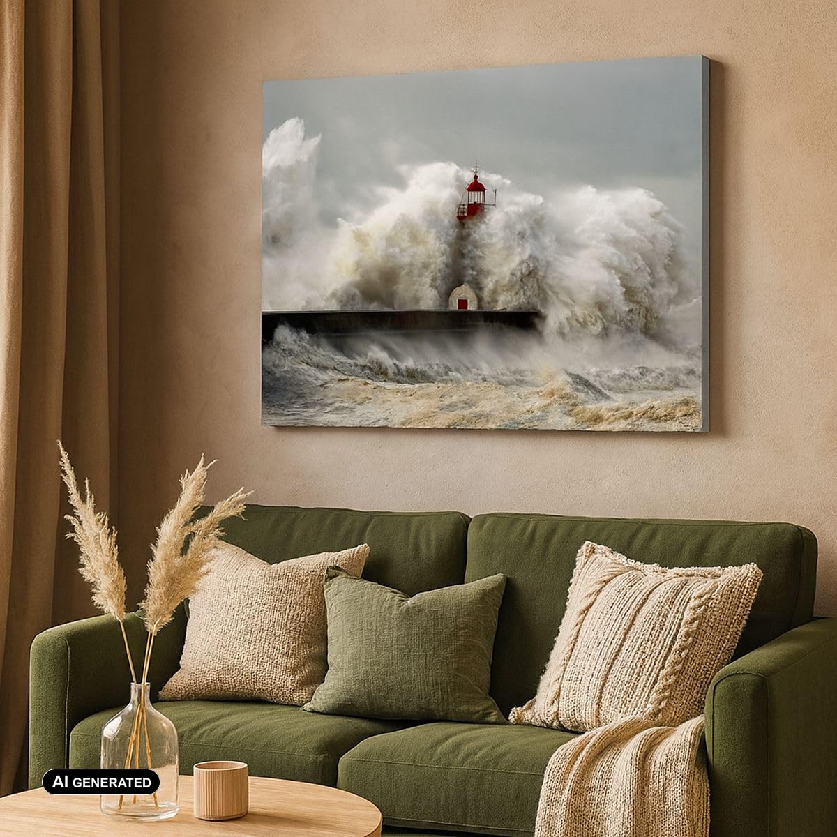Wandbilder Dekoration Wohnzimmer Leuchtturm Ozean Sturm Bilder auf Leinwand 120x80cm Leinwandbild Schlafzimmer Küche Deko Wand Kunstdruck Art Groß XXL Wanddeko Bild Wall Decor Canvas AA120x80-2442
