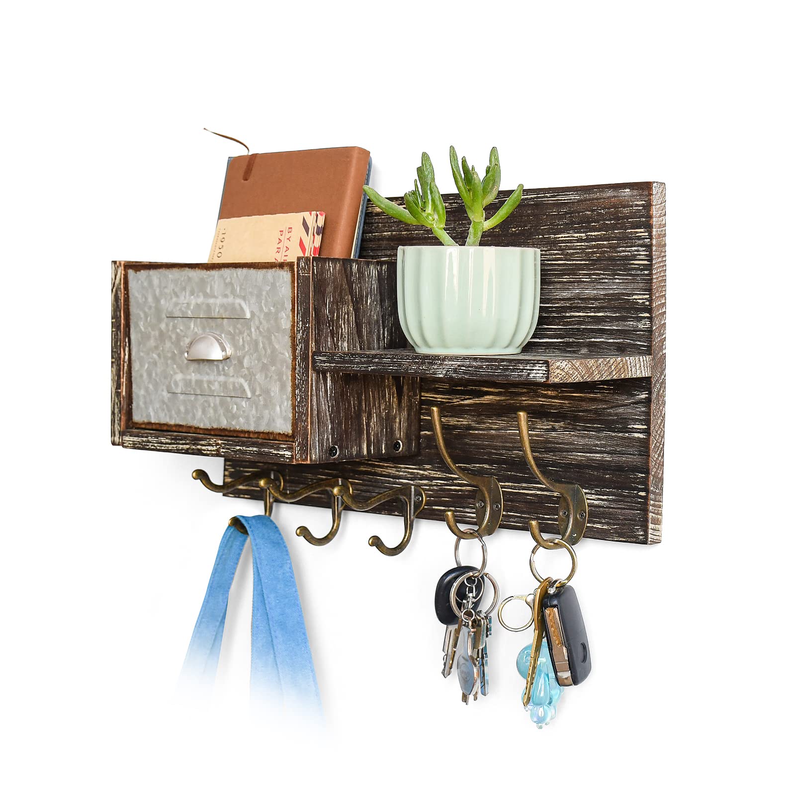 OKSQWRustic Wood Key Holder for Wall Mount with Floating Shelf Iron Sheet Fake Drawer Design Mail Organizer with 5 Key Hooks Wooden Dark Brown Entryway Coat & Hat Rack Vintage Farmhouse Home Decor…
