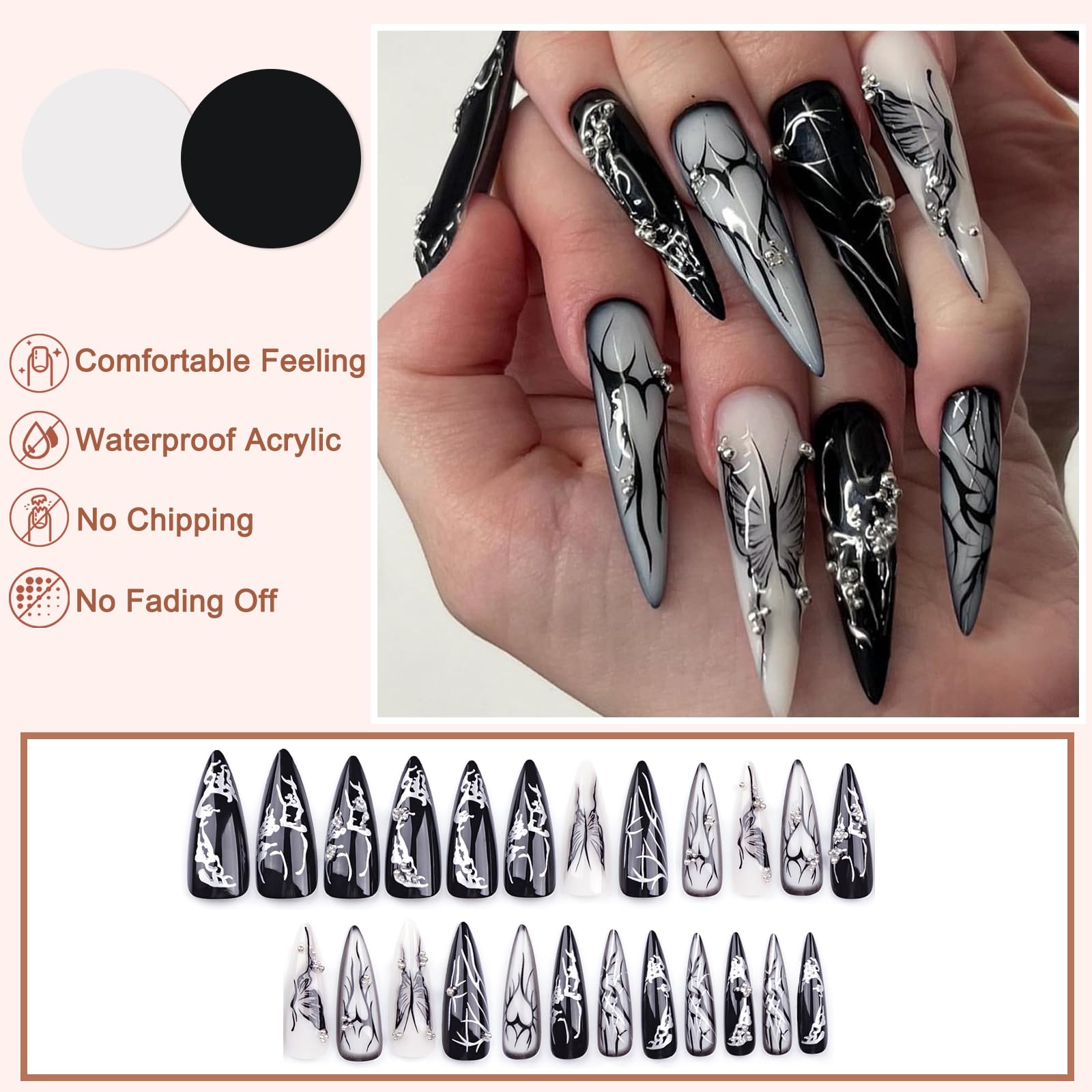 Goth Black French Tip Press on Nails Long Almond - Image 2