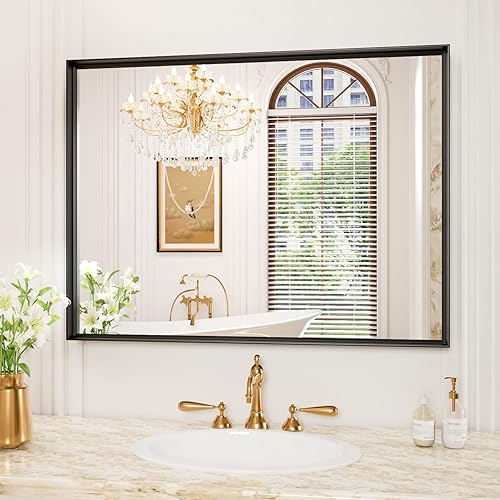 Miniatura 45 de Espejo de baño LED de 20x28 pulgadas con marco negro, espejos de baño retroiluminados y con luz frontal para pared, antiempañamiento, regulable, con