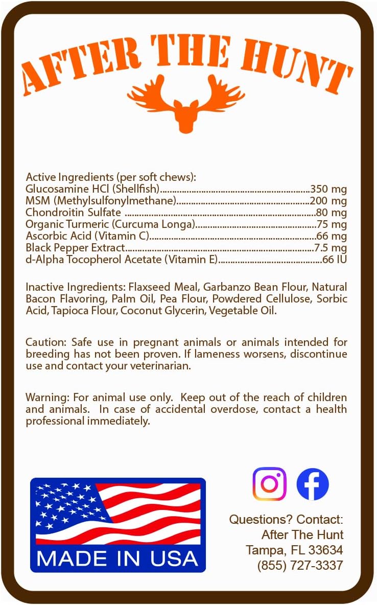 After The Hunt Advanced Hip & Joint Protection Dog Supplement with Glucosamine, Chondroitin & MSM - Inflammatory Pain Relief Chews to Help Flexibility - Bacon Flavored - Yucca & Turmeric - 120 Ct