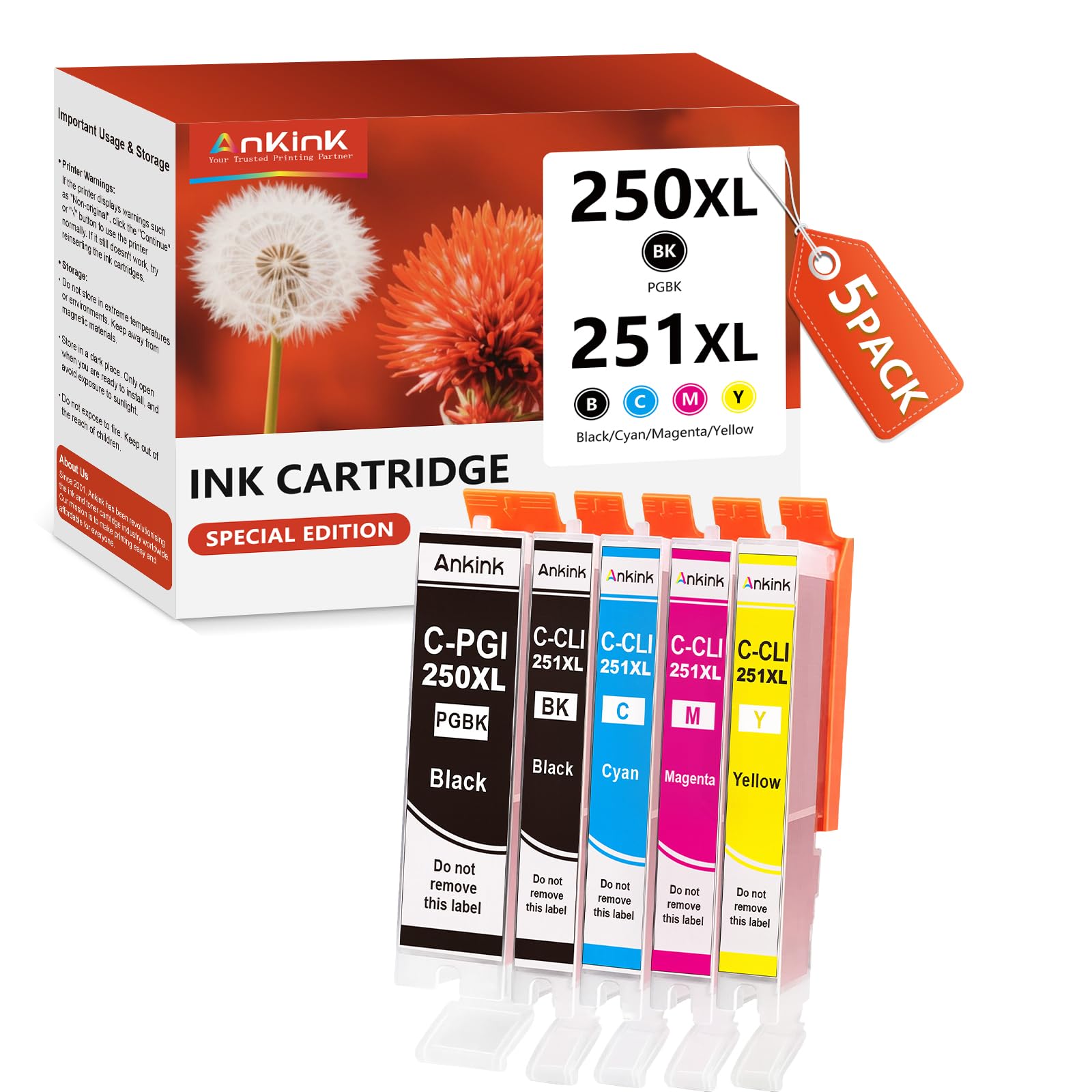 Compatible 250 251 XL Printer Ink Cartridge Replacement for Canon PGI-250 CLI-251 XL 250XL 251XL Use for Pixma MX922 MX920 IX6820 IP8720 MG5520 MG7520(PGBK, Black, Cyan, Magenta, Yellow)5 Pack