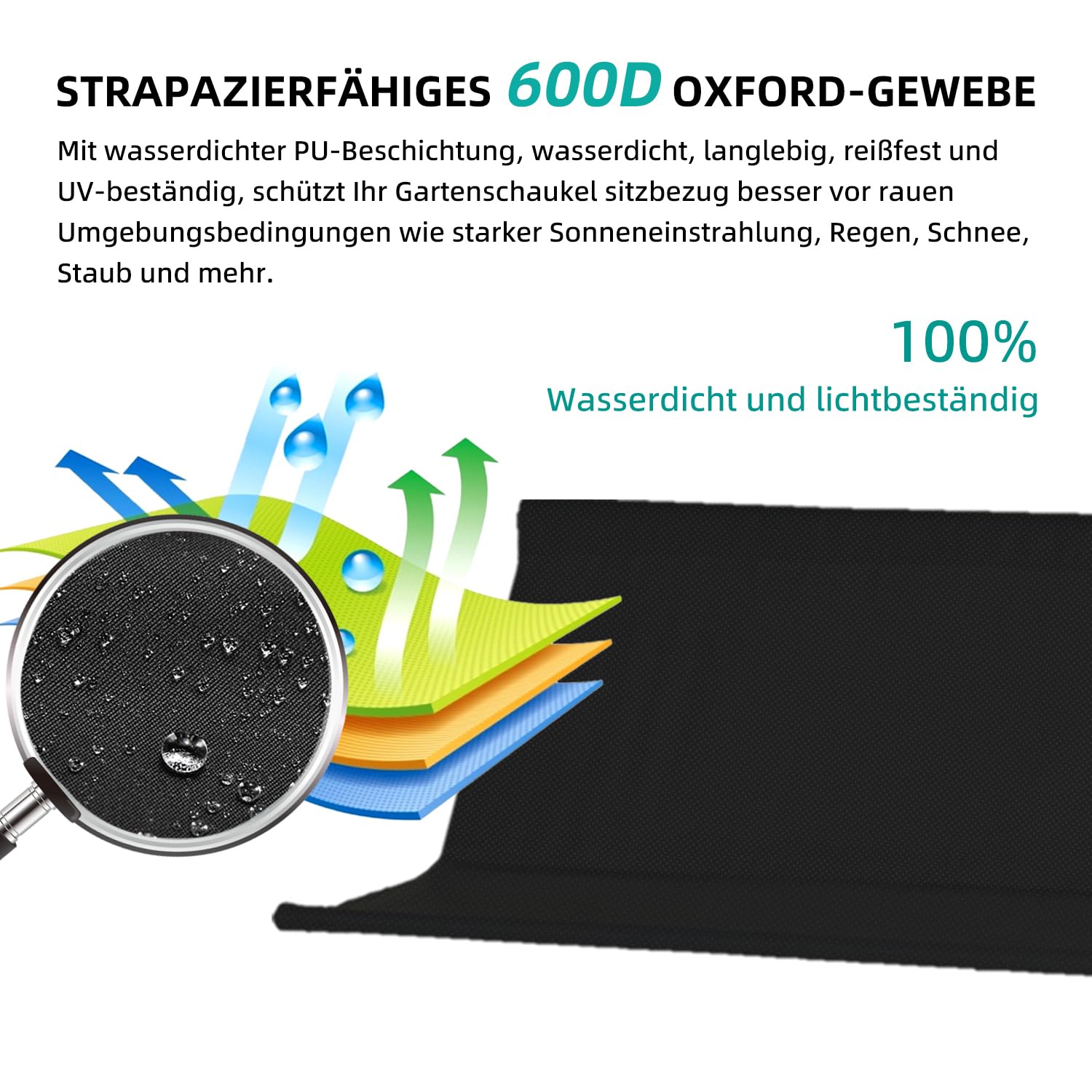 Coprisedile per dondolo da giardino, impermeabile, tessuto Oxford 600D, ricambio per seduta, per esterni, 2 e 3 posti, 148 x 52 x 52 cm, colore nero
