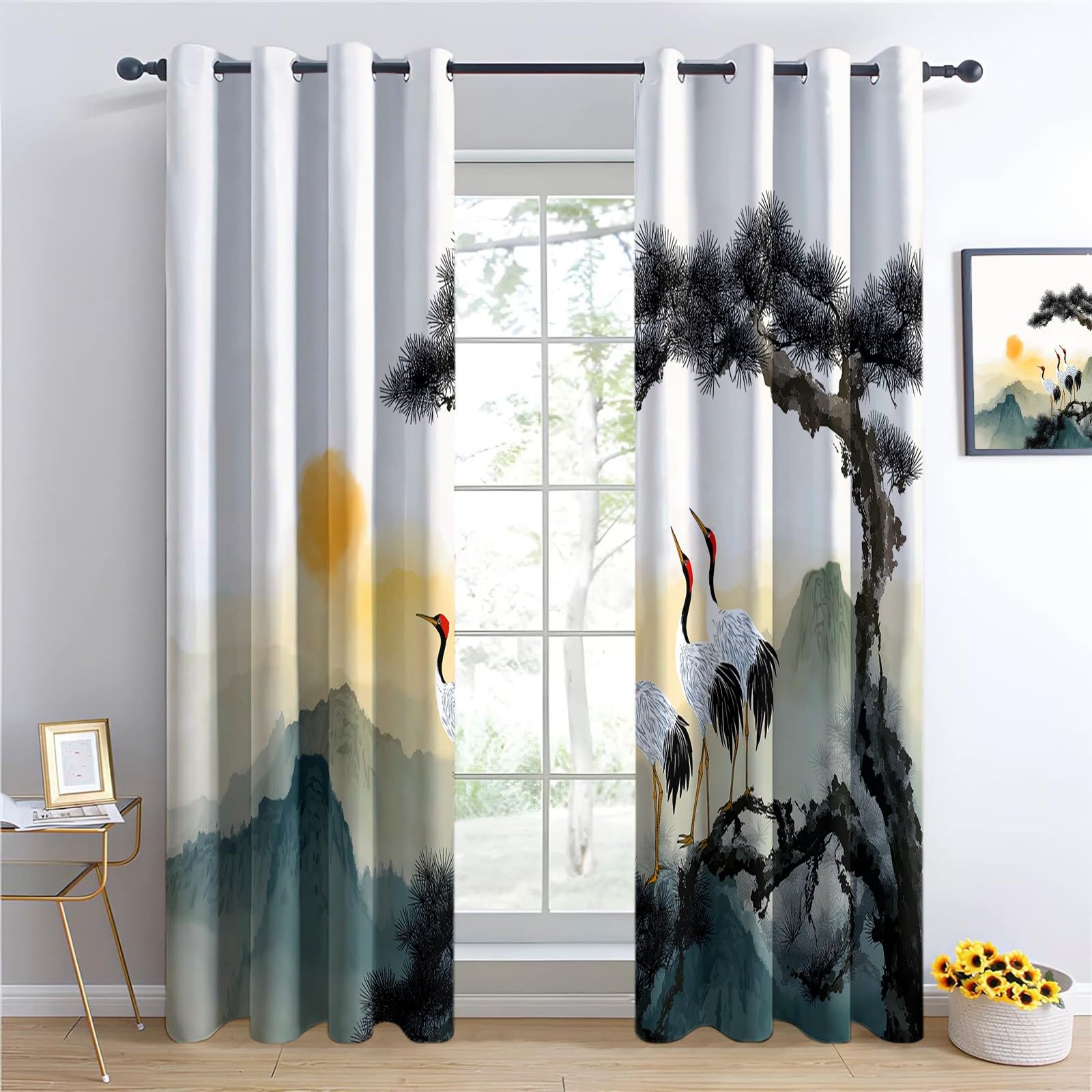 Générique Izolowane termicznie zasłony 140 L x 245 H cm Zasłona zaciemniająca redukcja szumów w tradycyjnych chińskich roślinach, górach, przelotkach, zestaw 2 ciemnoszarych zasłon do sypialni i
