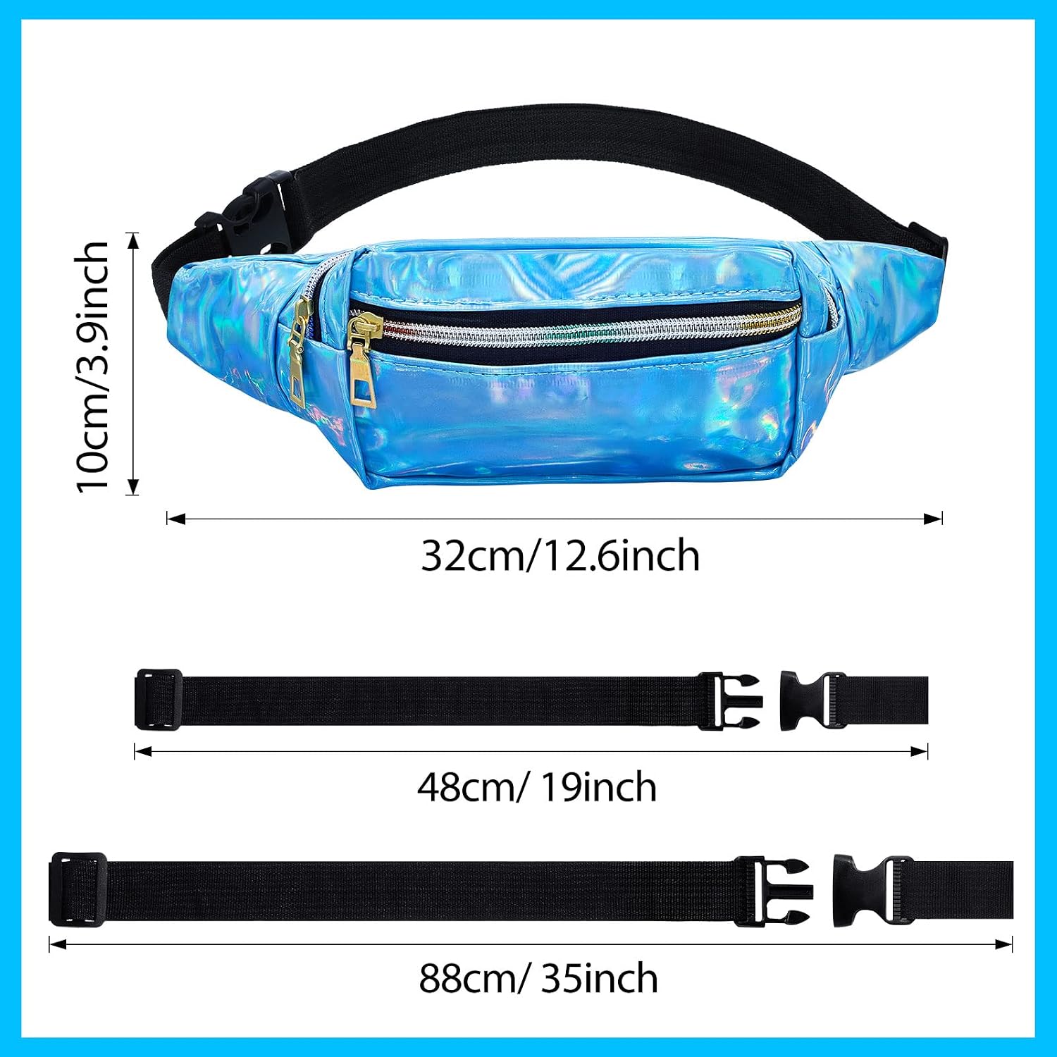 Frienda 12 Pieces Holographic Fanny Packs for Women Kids, 12 Metallic Color Sport Waistbags with 2 Pouches 80s Rave Shiny Waist Pack with Adjustable Belts for Outdoor Activities Cycling Running