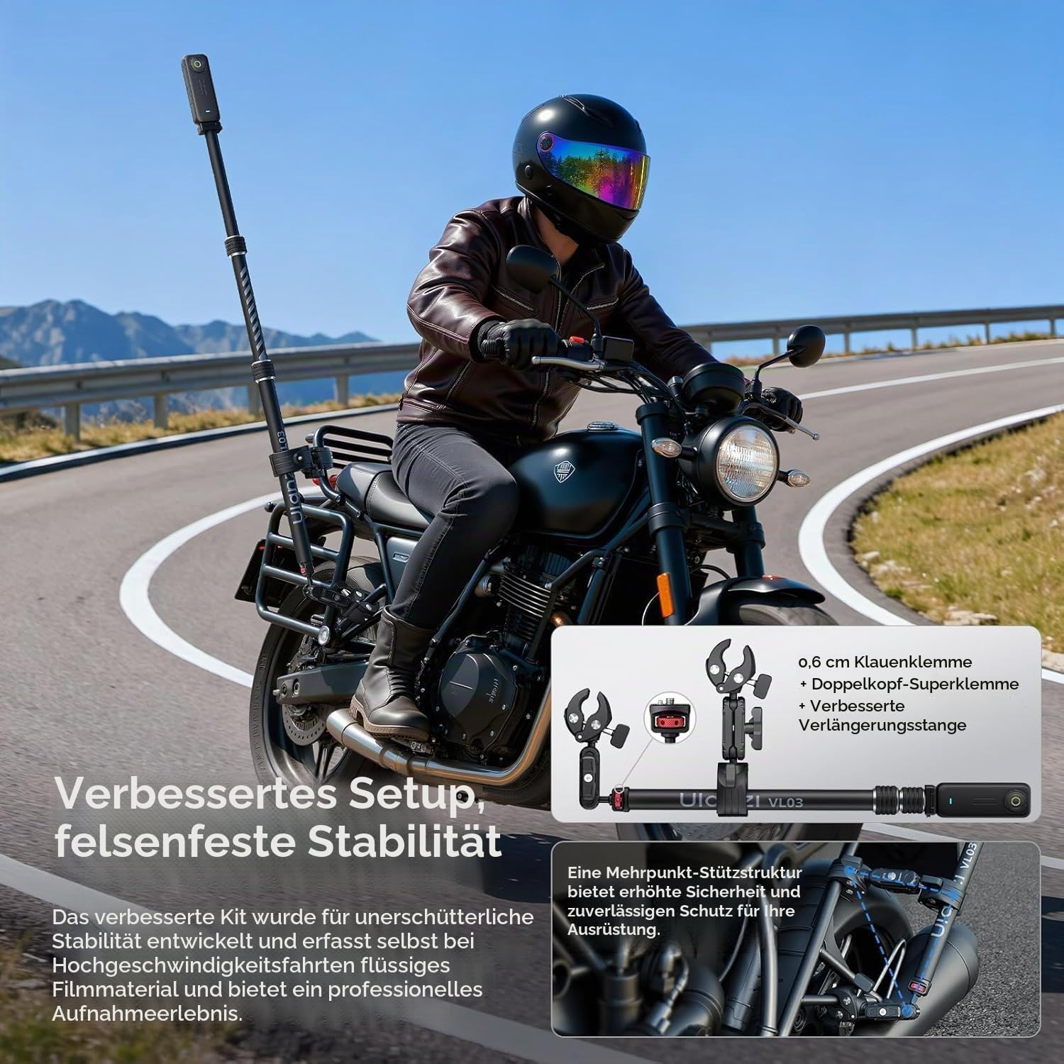 ULANZI VL03 Motorrad Halterung für Insta360 X5 X4 X3/DJI Osmo 360 mit Schnellverschluss, 40in Verlängerungsstangen-Klemmhalterung für GoPro DJI Insta360 Action-Kamera