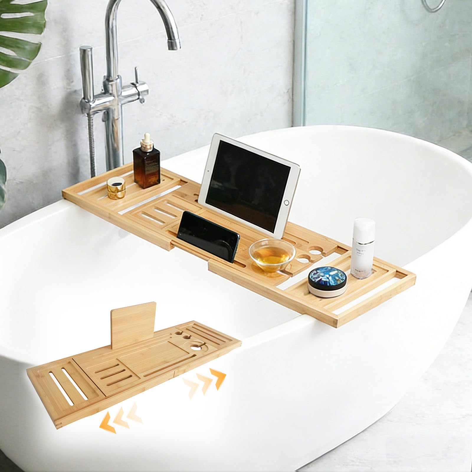 Bath Tray Bath Shelf, Wooden Bath Tray for Across the Tub, Expandable Bathroom Caddy Table Organiser for Fix Wine Glass Books Towel