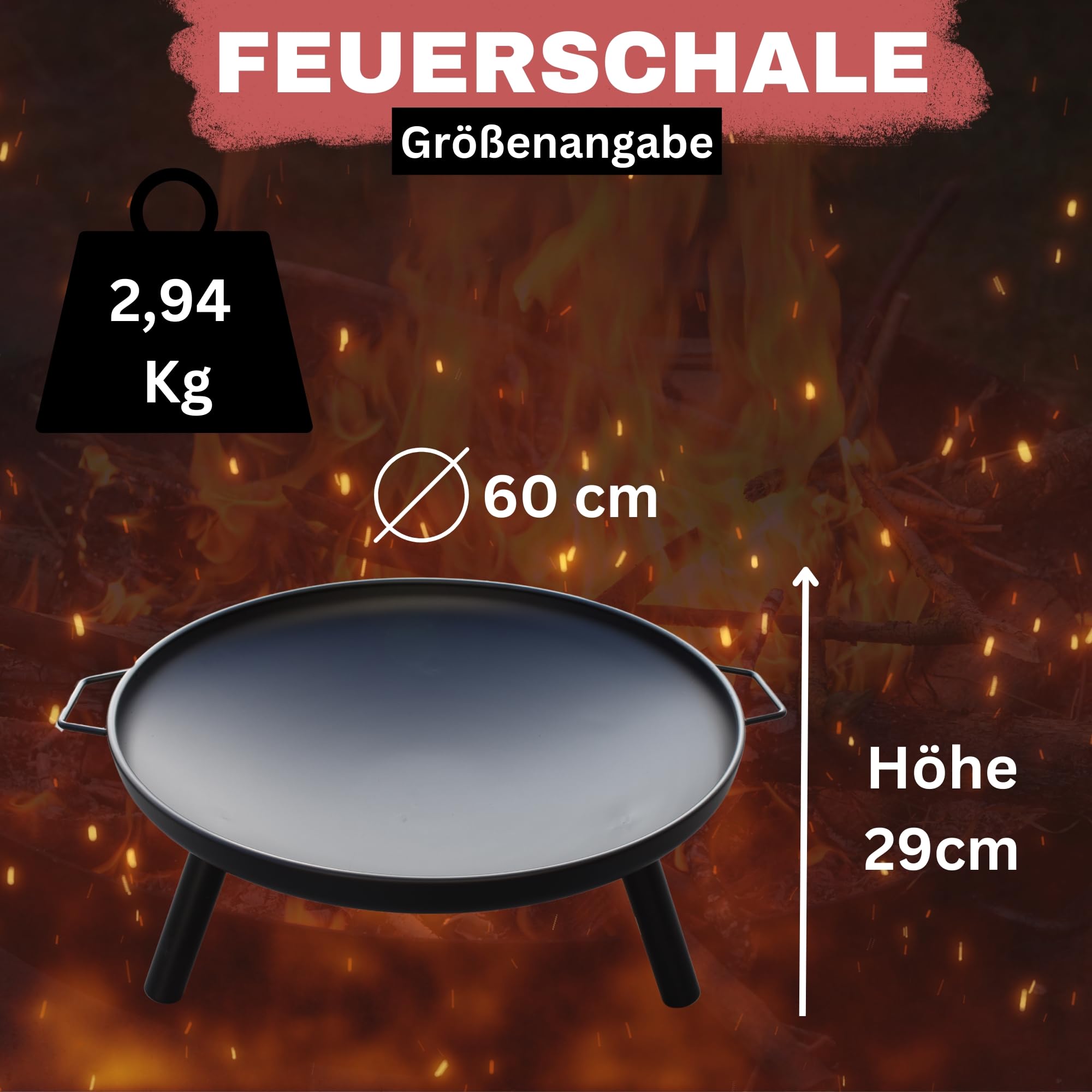 Feuerschale Feuerstelle Ø 60 cm aus lackiertem Eisen mit 2 Tragegriffen feuerfest