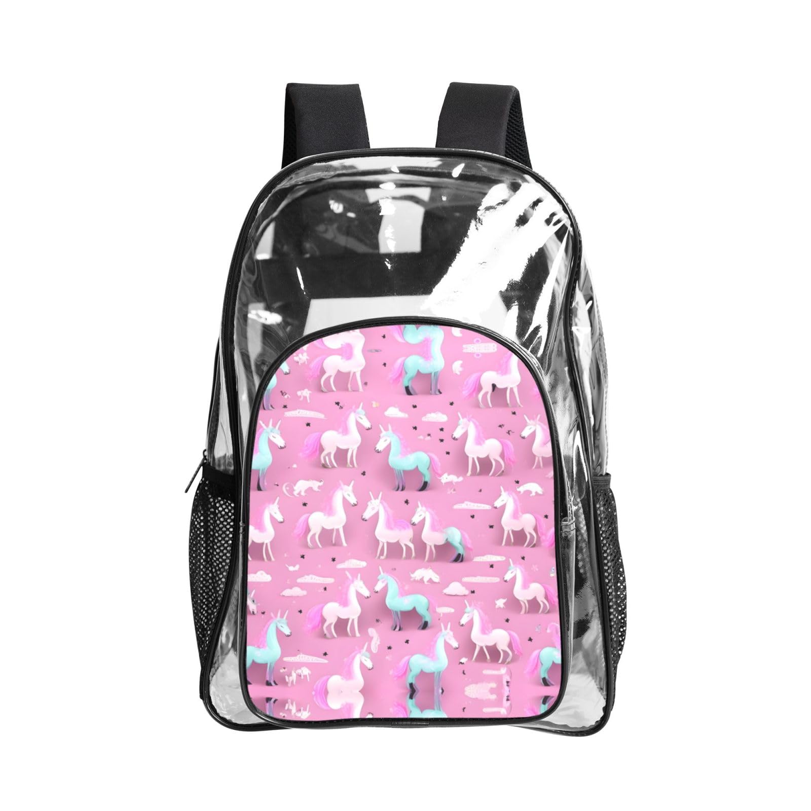 Mochila transparente escolar Many Unicorns de PVC rosa con bolsillos 8