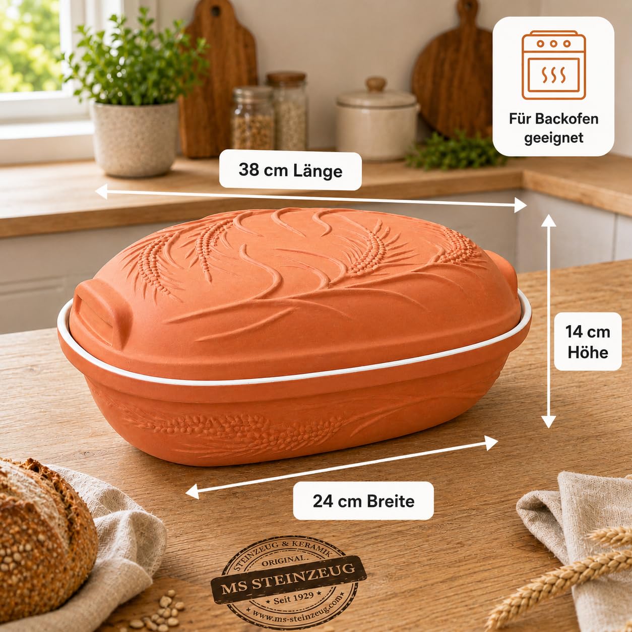 MS Steinzeug Brottopf Terrakotta TerraStone, oval mit Deckel, 38x24x14 cm | Brotbacktopf aus offenporigem Naturton zum Backen und Aufbewahren – speichert Feuchtigkeit für frisches Brot