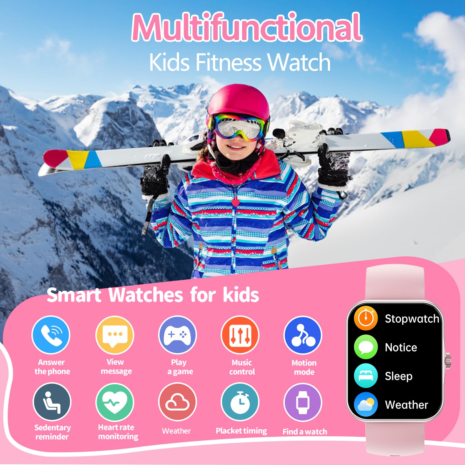PTHTECHUS Montre Connectée Enfant avec Appel Bluetooth, 1,83" Fitness Tracker pour Garçon Fille 5-16 Ans, 120+ Modes Sport Podomètre Réveil Jeux Étanche IP68 Cadeau Anniversaire, Rose