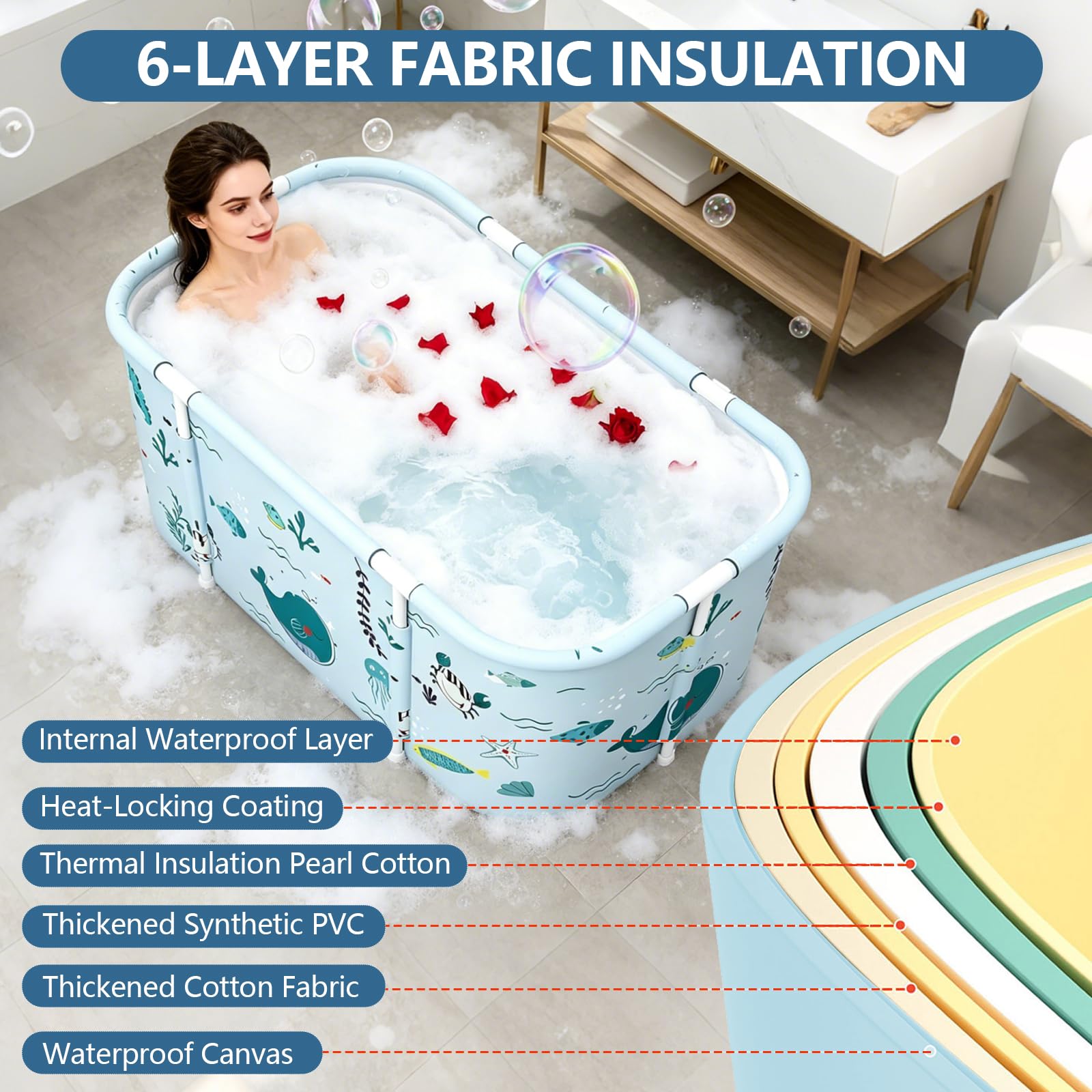 Vasca da Bagno Portatile, Vasca da Bagno Pieghevole per Adulti con Cuscini per Interni ed Esterni, Doccia Idromassaggio SPA, 120 x 55 x 50 cm (Azzurro)