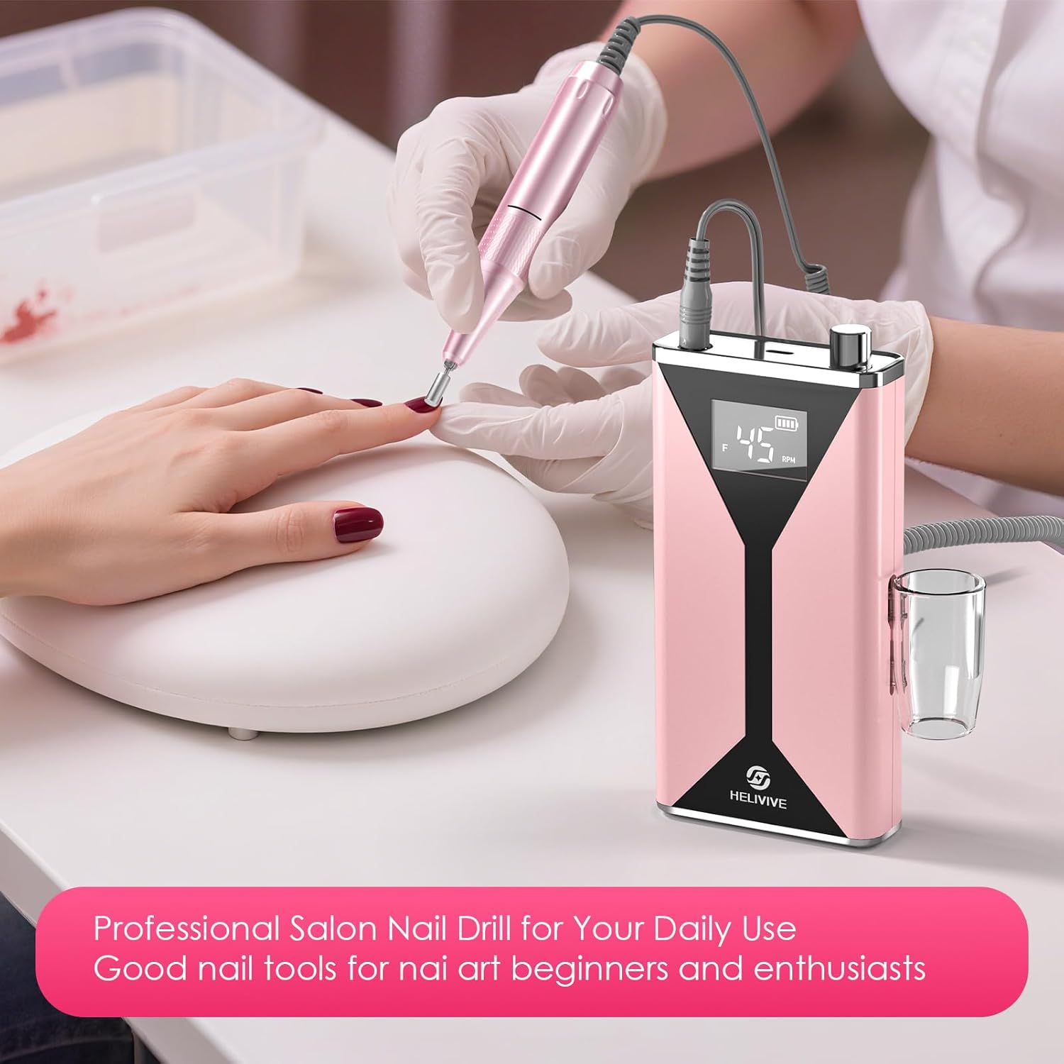 Professional Electric Nail Drill 45000RPM (Portable & Rechargeable) (with 11 Drill Bits ) Cordless Nail File Machine for Shaping, Polishing & Removing Gel Nails for Salon Home (Pink) - Image 6