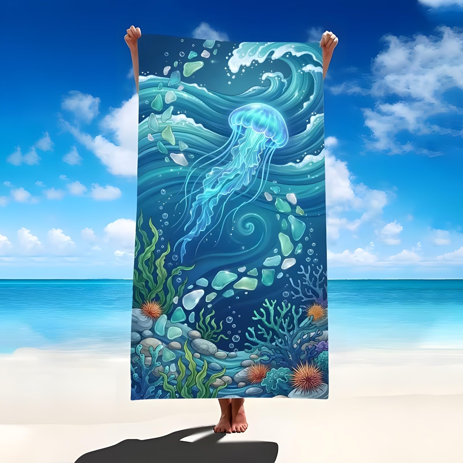 YZQGLHP Jellyfish Microfibre Beach Towel Waves Beach Bath Towel Quick Drying, Lightweight, Sand-Free, Durable, for Pool, Gym, Camping, Travel Towel 70x130cm