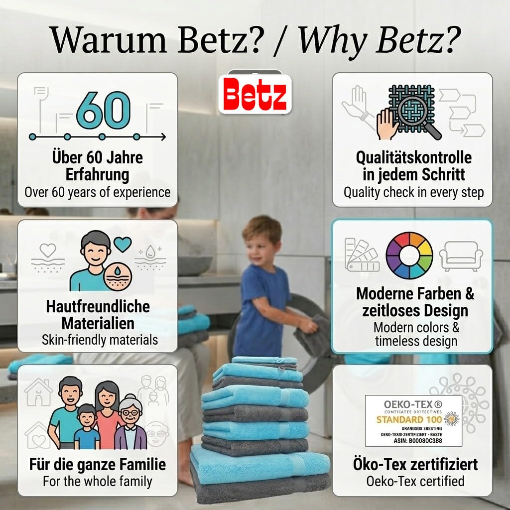 Betz set di 10 asciugamani Premium 100% cotone 2 teli doccia 4 asciugamani 2 asciugamani per ospiti 2 guanti da bagno colore turchese e antracide