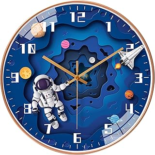 Kids Wall Clocks Battery Operated, 12 Inch Silent Non-Ticking Modern 3d Round Wall Clock, Outer Space Style Kids Room Decor for Home, Bedroom, Office, School, Kitchen (Blued)