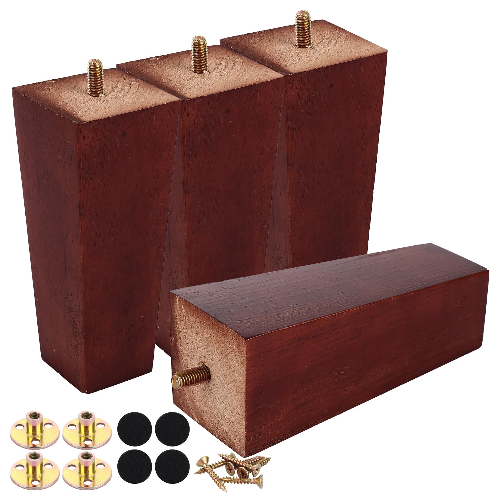MUXHEL Sofa Legs Set of 4, 15 cm Sofa Feet Wooden Furniture Legs, Replacement Sofa Legs Solid Wood Furniture Legs M8 Bolt with Mounting Plate & Screws for Couch Armchair Dresser-Walnut