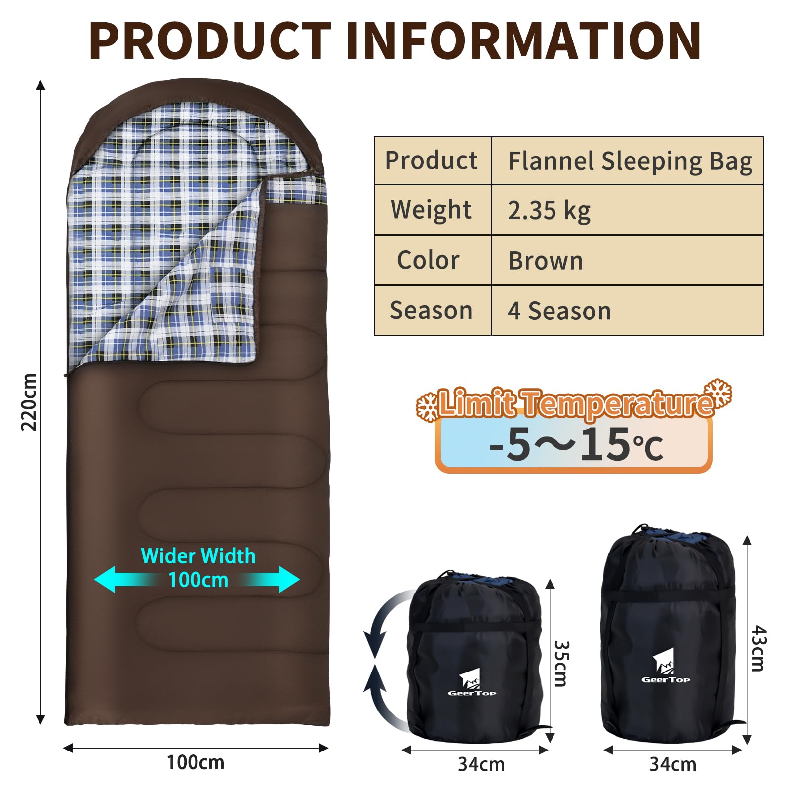 GEERTOP Saco de Dormir XXL para 3 – 4 Estaciones, Franela Extragrande, 220 x 100 cm, para Adultos, Compacto, portátil, cómodo, para Camping, Senderismo, Exterior e Interior
