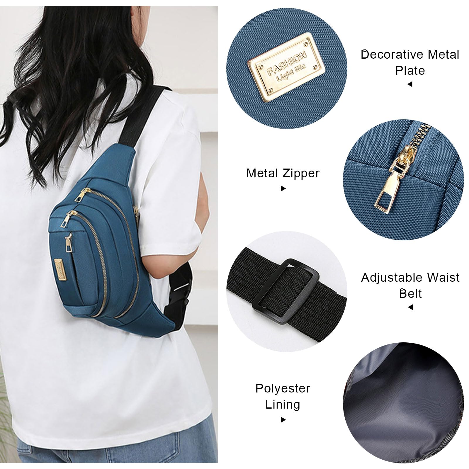 ADUDVLO Bumbags for Ladies Women Men Lightweight Adjustable Bum Bag Fanny Pack with 4 Zipper Pockets,Fashionable Waist Pack for Travel, Running, Hiking, Cycling (Black) — view 30