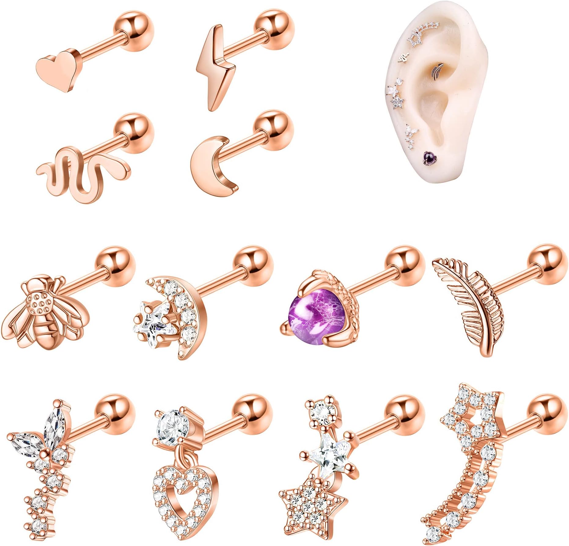 LOLIAS12Pcs 16G Cartilage Earrings Stud for Women Surgical Stainless Steel Helix Tragus Conch Stud Earrings Piercing Moonstone CZ Cartilage Earrings Set Silver&Rose Gold