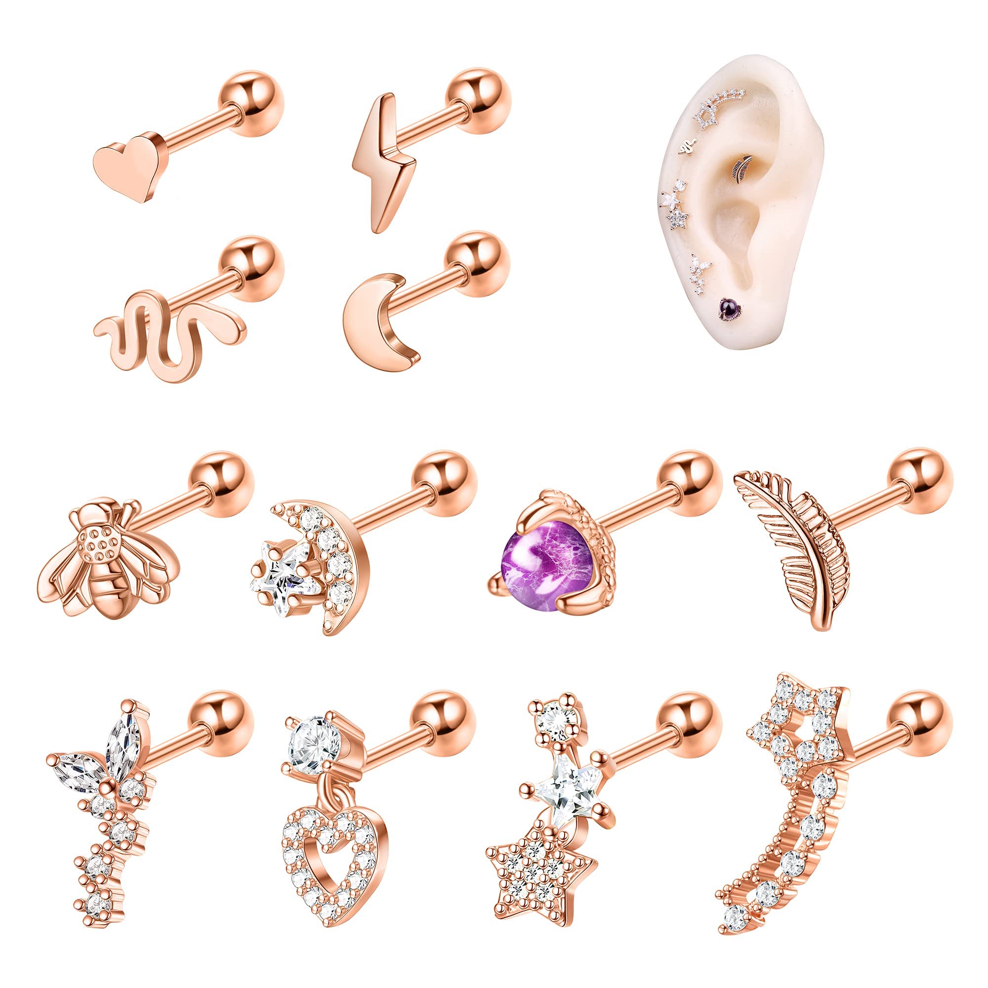 LOLIAS12Pcs 16G Cartilage Earrings Stud for Women Surgical Stainless Steel Helix Tragus Conch Stud Earrings Piercing Moonstone CZ Cartilage Earrings Set Silver&Rose Gold