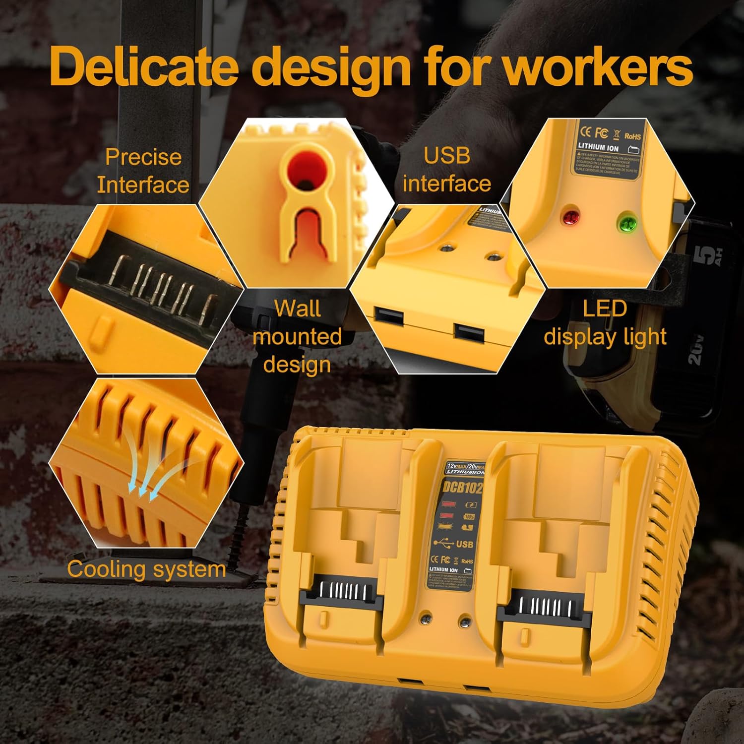 DCB102 Fast Charger Replacement for Dewalt Battery Charger, with 2 USB Port Compatible with Dewalt 12V 20V Batteries - Image 7