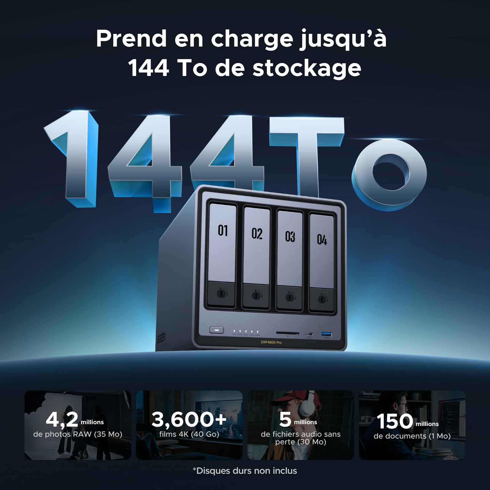 UGREEN NASync DXP4800 Pro NAS de Bureau 4 Baies, Processeur Intel i3-1315U, 8 Go RAM DDR5, SSD 128 Go, 10 GbE