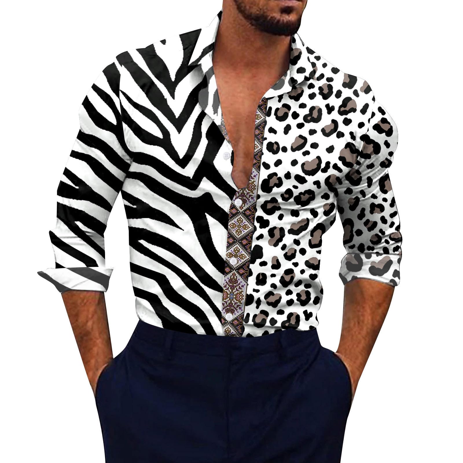 keepmore Men's Leopard Print Button Down Long Sleeve Shirts Fashion Special Button Tops Outdoor Street Blouse Shirts