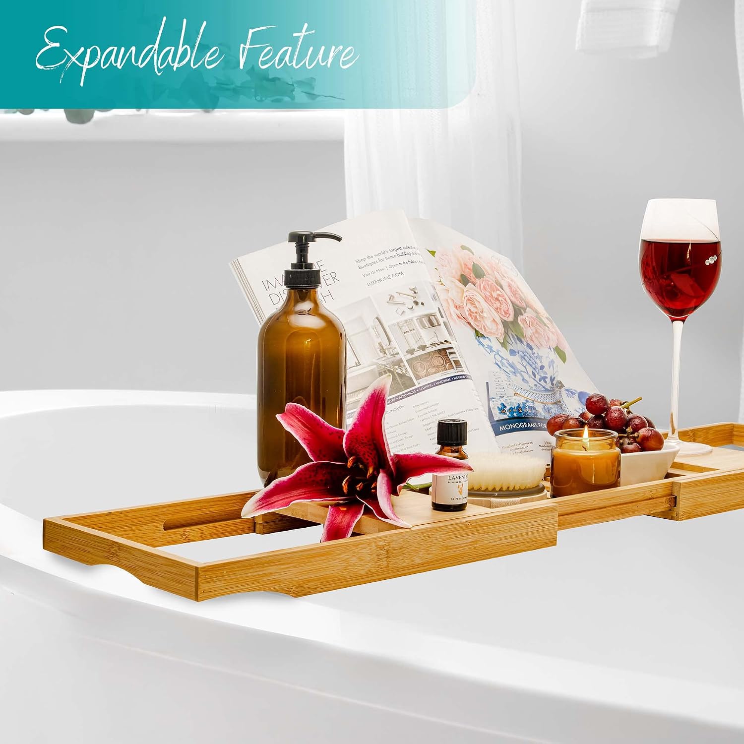 Zinkoo Bamboo Bathtub & Spa Caddy Portable Adjustable 40 inch Organizer Storage Serving Tray Waterproof Foldable Metal Book Tablet Wine Glass Candle Holder TCB20128 image 3
