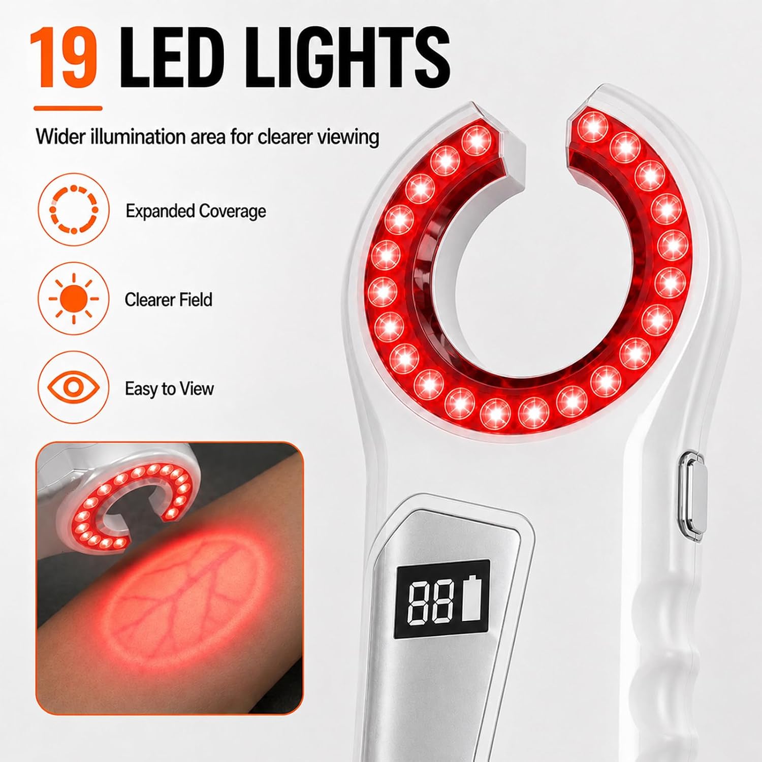 Vein Finder –Vein Finder for iv Access, Clinics & Home, White | 1–88 Adjustable Brightness, Digital Display, USB-C Rechargeable, Universal Skin Compatibility, Compact Design