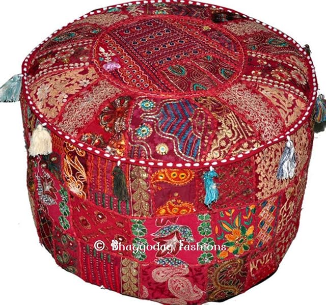 Indian Round Patch Work Embroidered Ottoman Pouf, Indian Round Ottoman Stool Pouf Pillow Patterned Cocktail Vintage Hassock Pouffe, Cotton Handmade Ottoman Pouf, 18x13 Inch. By Bhagyoday