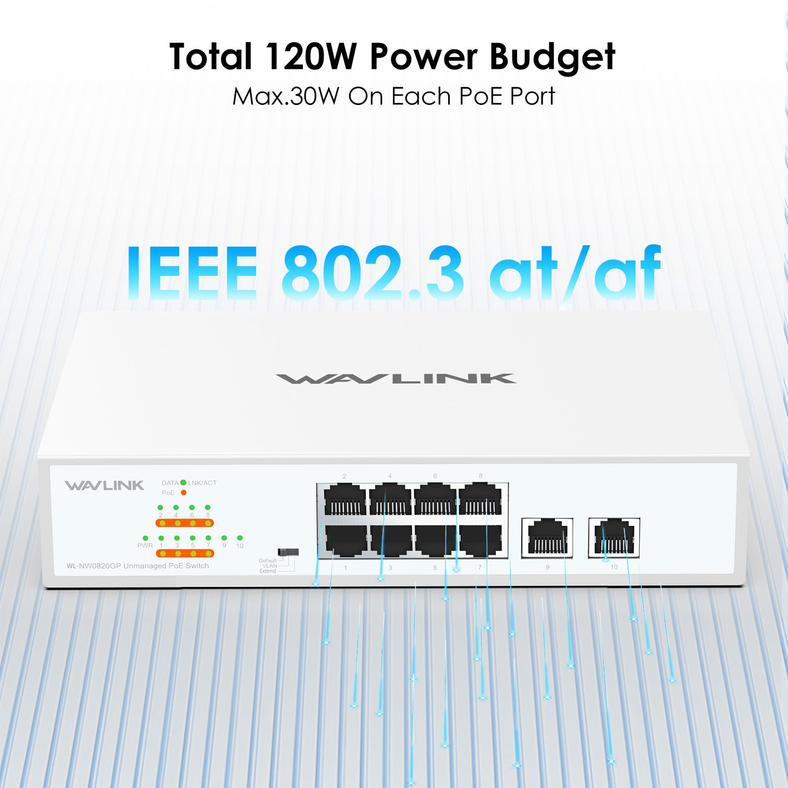 WAVLINK Switch Gigabit Non Géré à 10 Ports avec 8 Ports PoE+ et 2 Uplinks, Budget PoE Total 120W, IEEE 802.3af/at, Modes VLAN, Défaut et Extension, Montage Mur ou Bureau