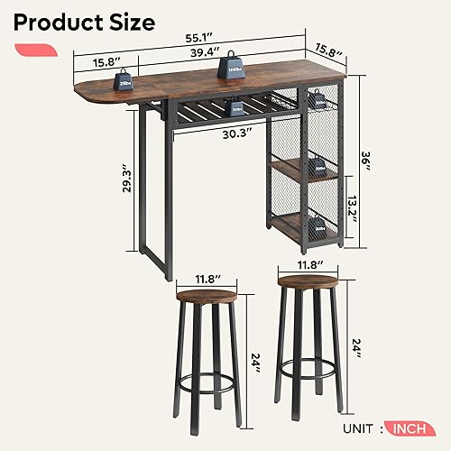 Miniatura 7 de Juego de mesa de bar y sillas Bestier, mesa de comedor expandible con 2 taburetes de bar, encimera de cocina industrial con estante para vino y