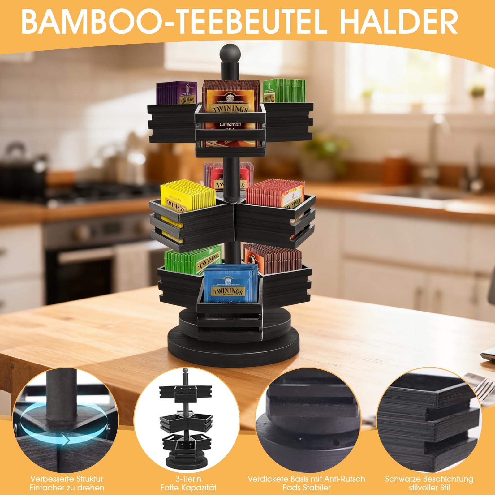 Organizer per bustine da tè, in bambù, a 3 ripiani, girevole a 360°, con 9 scomparti, per cucina, piano di lavoro, ufficio, caffè, zucchero (nero)