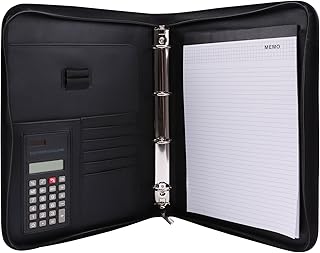 Genie Exclusiv A4 Schreibmappe mit Ringbuch, Taschenrechner, Reißverschluss, inkl. A4-Schreibblock, Lederoptik schwarz