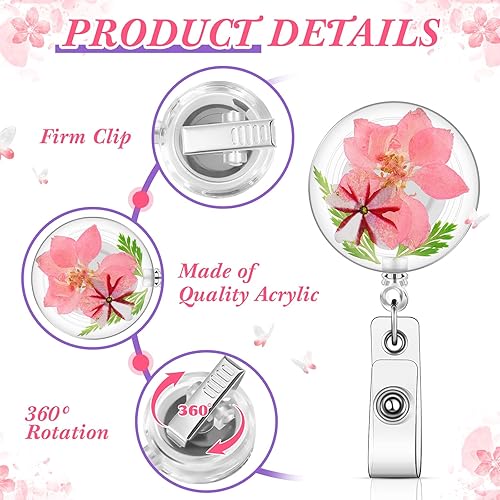 Miniatura 4 de Epakh 3 piezas de carrete de insignia de flor, práctico carrete de insignia de enfermera, regalos retráctiles, soportes retráctiles de flores secas