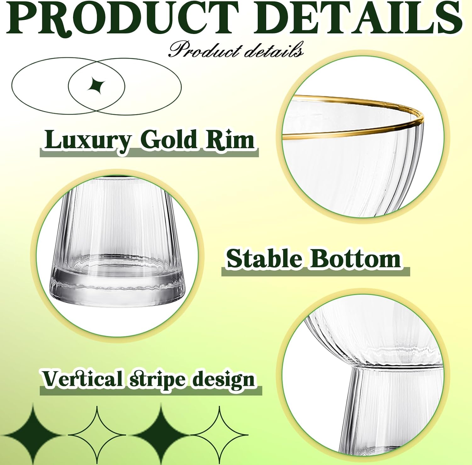 Lallisa Stemless Margarita Glasses Set of 4 Martini Champagne Glasses with Gold Rim Elegant Cocktail Glasses Ribbed Design Hand Glassware Thick Solid Clear Glass for Martini Wine Beer Drink, 10 oz