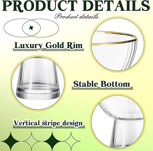 Miniatura 3 de Lallisa Juego de 4 vasos de margarita sin tallo, copas de champán de Martini con borde dorado, elegantes copas de cóctel de diseño acanalado,