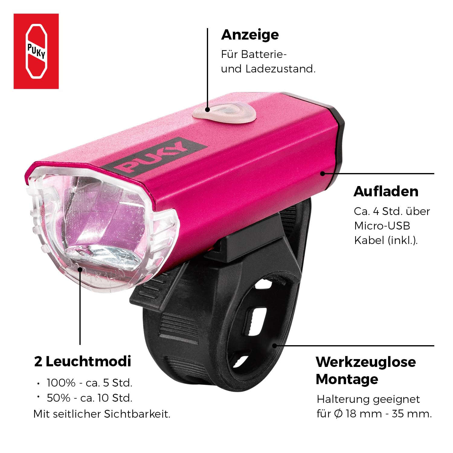 PUKY LUMI LED-Frontscheinwerfer & Rücklicht-Set | Seitliche Sichtbarkeit | Werkzeuglose Montage | Für 20" Fahrräder & LS-PRO | StVZO-Zugelassen | Micro-USB Aufladbar | Flexibles Design