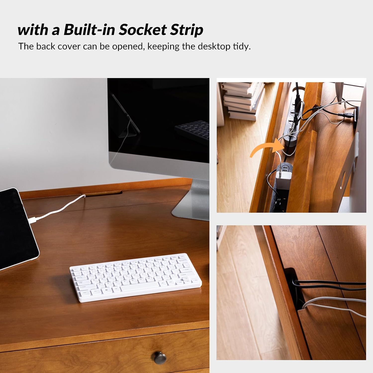 Mid Century Modern Office Desk with 3 Drawers, 60 Inch Computer Desk with Charging Station & Cable Management, Writing Desk for Home Office, Bedroom & Small Spaces, Acorn