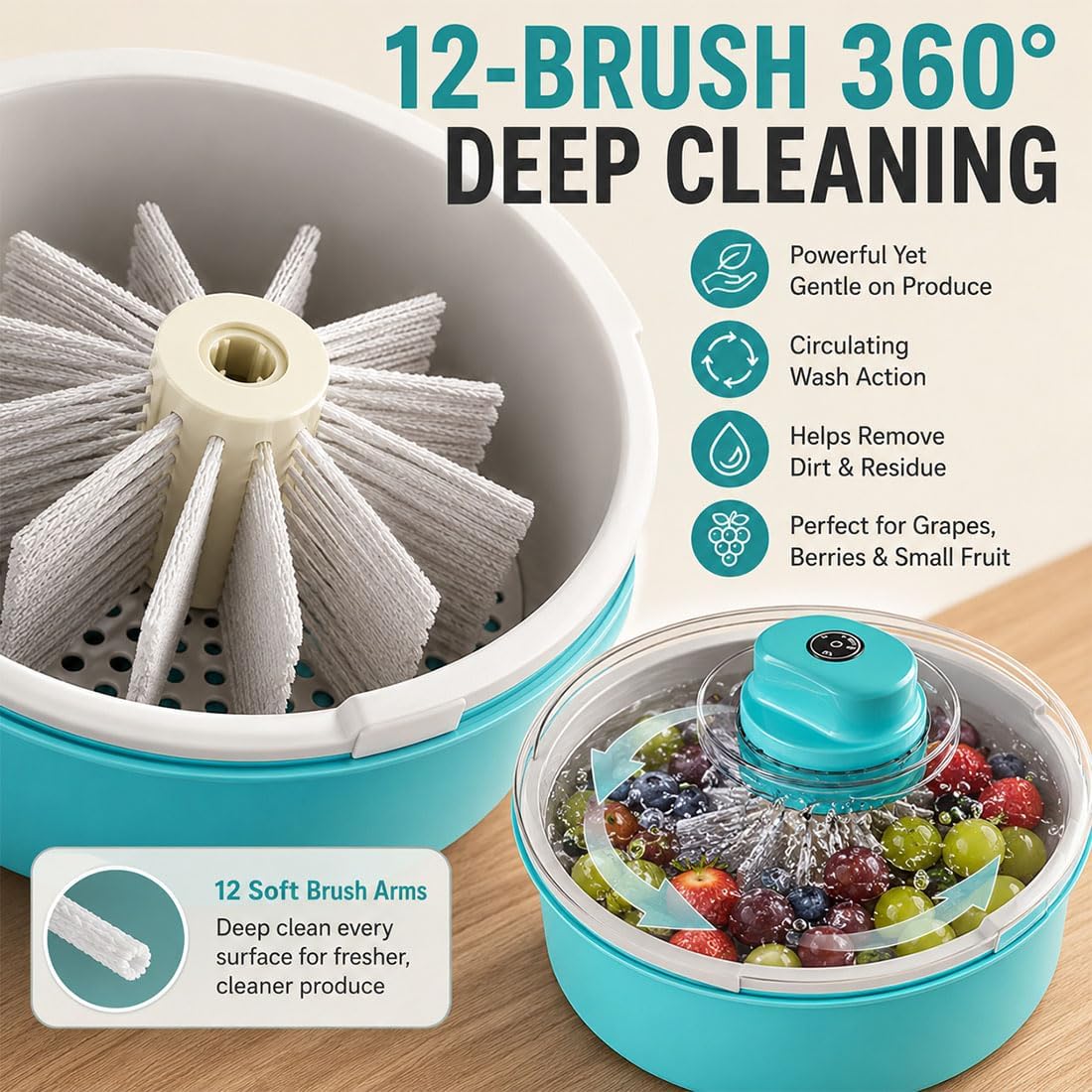 Centrifugadora y escurridor automático de frutas y verduras; lavadora y centrifugadora con cepillo; recipiente eléctrico para lavar y centrifugar frutas; limpiador con base antideslizante (Yellow,1)