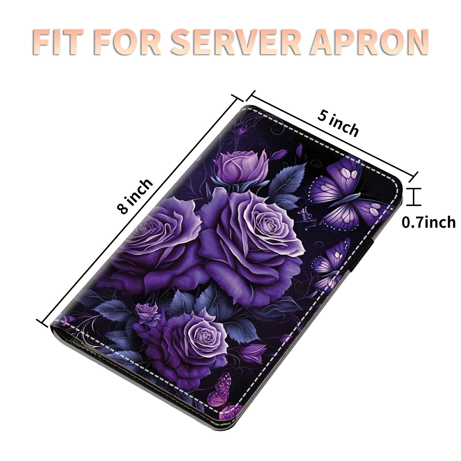 Server Books for Waitress Waiter with Zipper Pocket, Purple Rose Butterfly Leather Server Pads Waitstaff Organizer Guest Check Presenters Server Wallet Money Holder Pouch Fit Apron