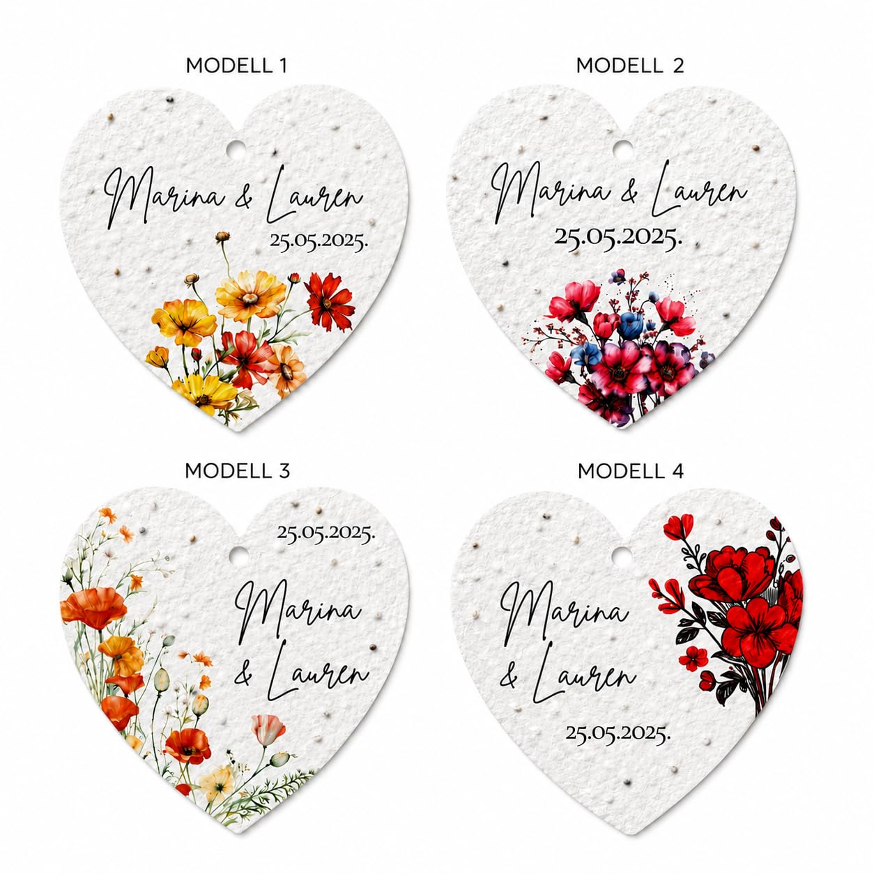 Papier de graines personnalisé en forme de cœur de 6 cm - Cadeau de mariage - Papier avec graines de fleurs - Pendentif personnalisé - Cadeau durable - Avec ou sans trou (50, avec instructions de
