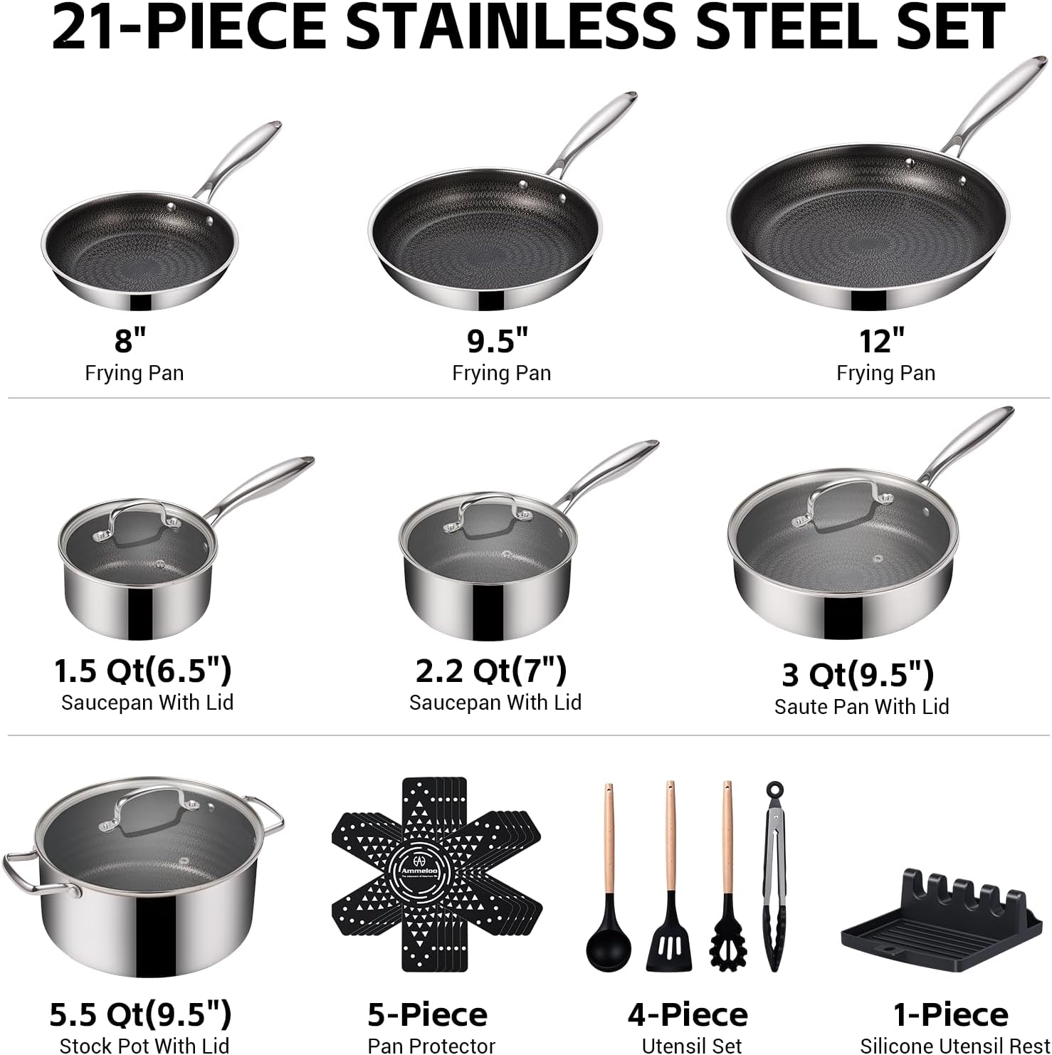 Ammeloo Pots and Pans Set Non Stick, Stainless Steel Kitchen Cookware Sets