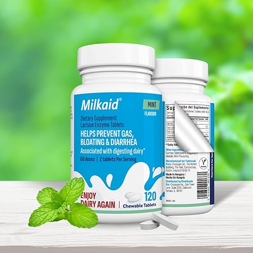 Miniatura 7 de Milkaid Comprimidos masticables de enzima lactasa para aliviar la intolerancia a la lactosa  Previene gases, hinchazón y diarrea  Suplemento
