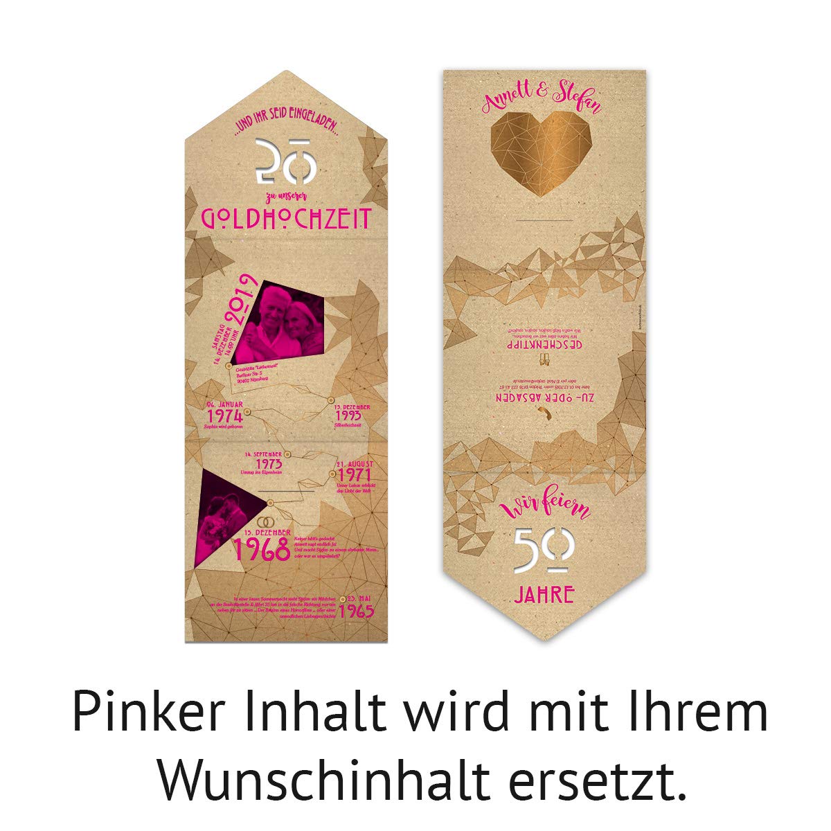 20 x Individuelle Lasergeschnittene goldene Hochzeit Einladungskarten als Klappkarte mit Steckversschluss - gemeinsame Erinnerungen